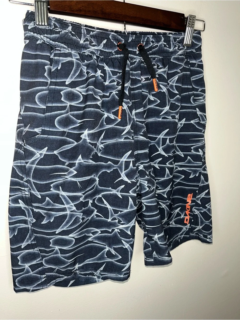 Dakine Boys Shark Print Swim Shorts Gray Orange Size S EUC Swim Trunks Pool